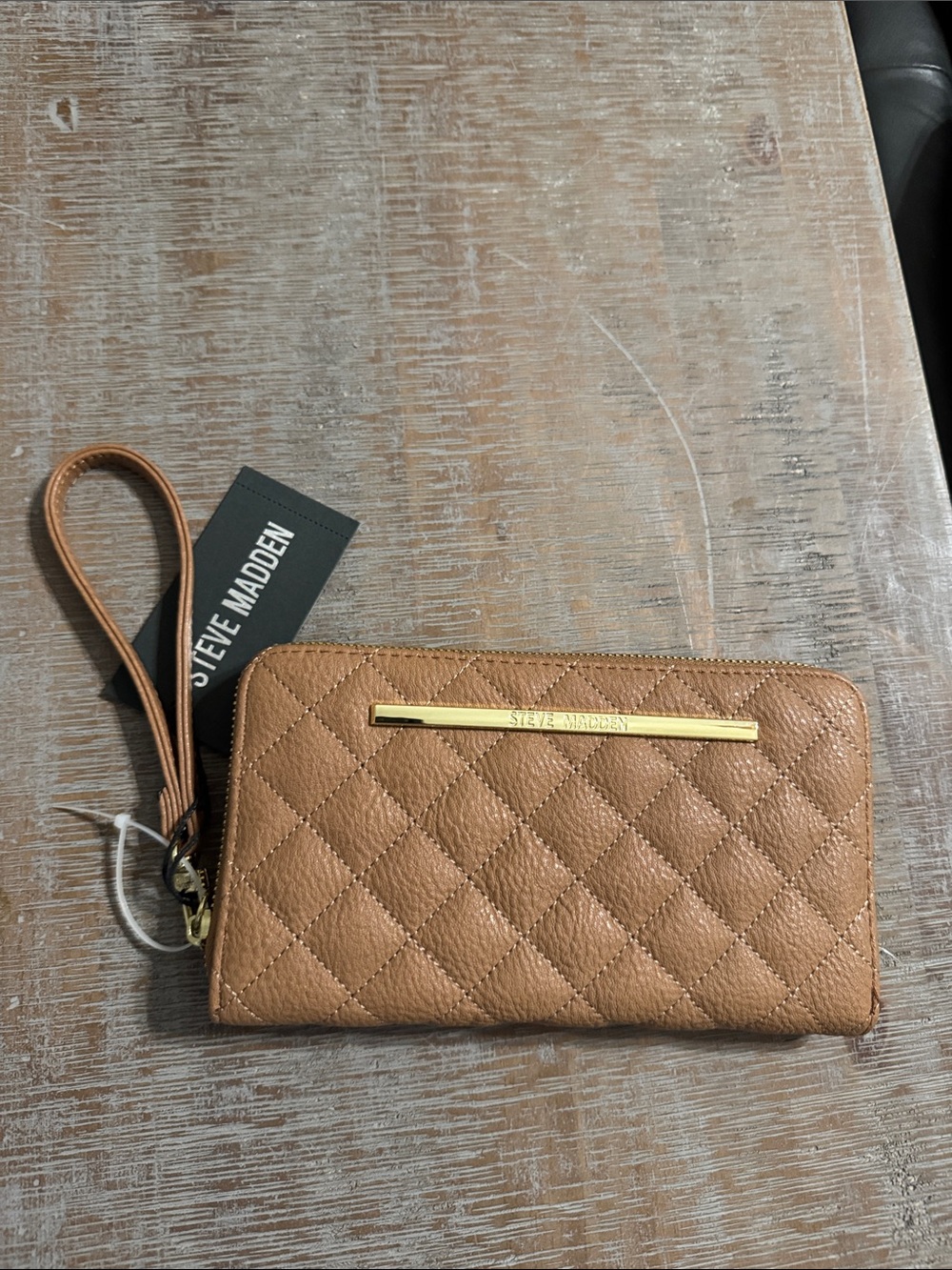 NWT Steve Madden Quilted Wristlet Clutch in Saddle Brown with Gold Accent